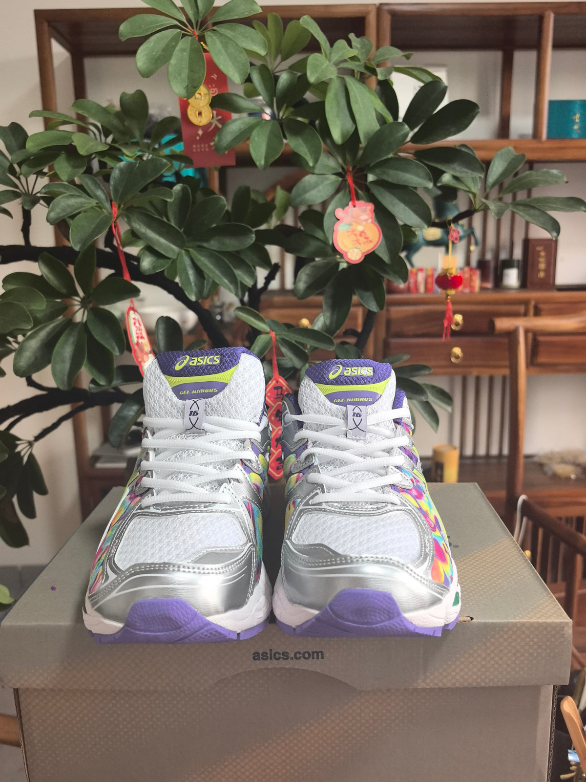 ASICS GEL-Nimbus 16 Running Shoes in White Purple - product image from the listing.