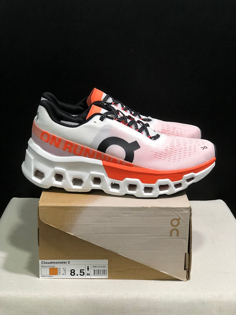 White and Orange On Cloudmonster 2 Running Shoes - product image from the listing.