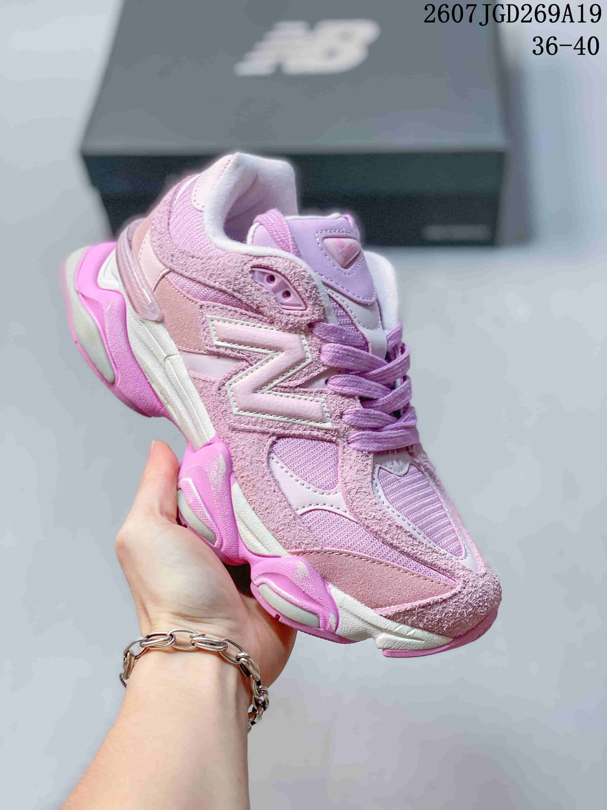 New Balance 9060 Pink Suede and Mesh Trainers - product image from the listing.