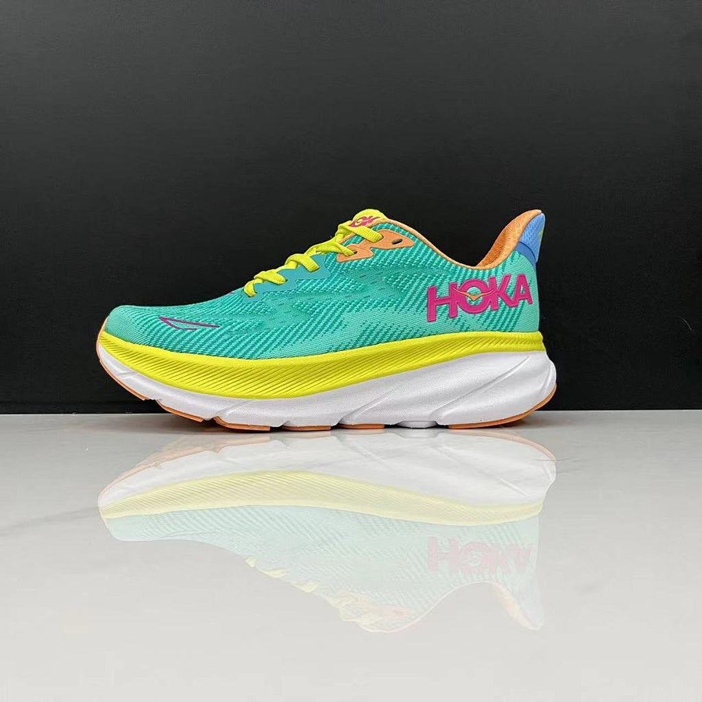 Teal and Orange HOKA Clifton 9 Running Shoes - product image from the listing.