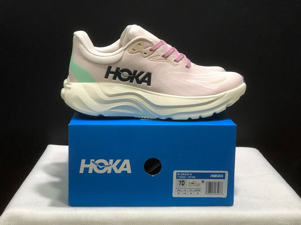 Women's HOKA Arahi 8 Running Shoes, Pink and Mint - product image from the listing.