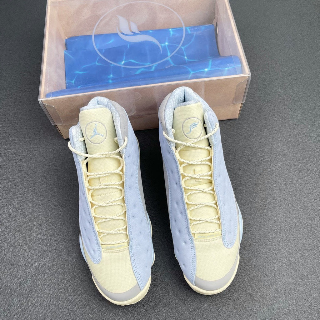 Blue and Cream Jordan 13 SoleFly DX5763-100 Sneakers - product image from the listing.