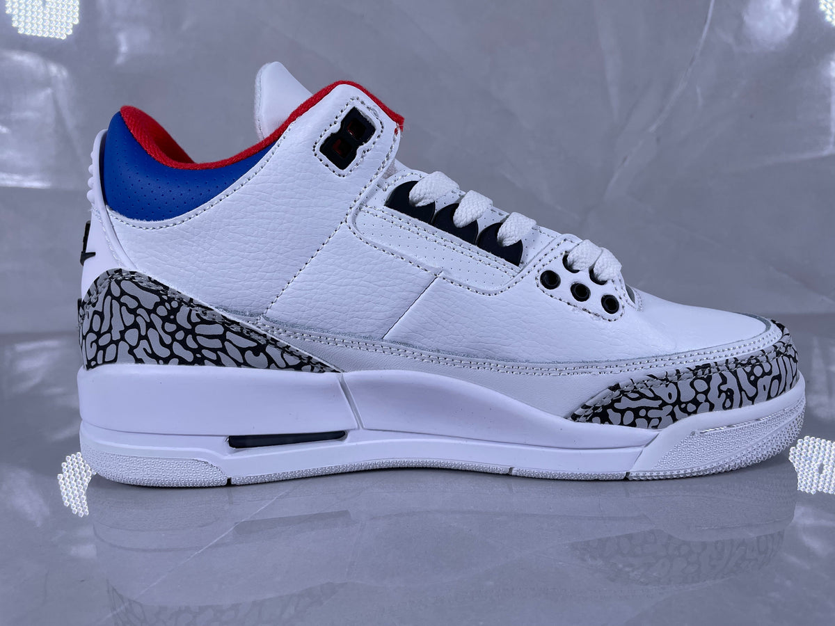 Jordan 3 Retro White Cement Sneakers in White Grey Red Blue - product image from the listing.