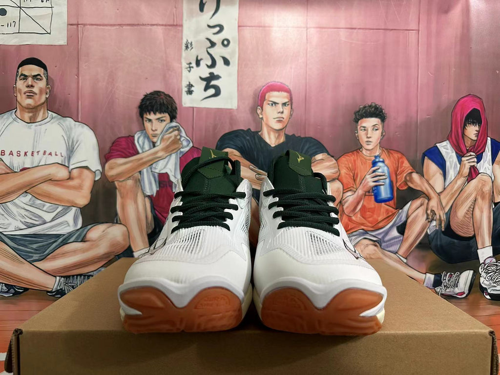 Mizuno Wave Momentum 3 Volleyball Shoes, in White and Green - product image from the listing.