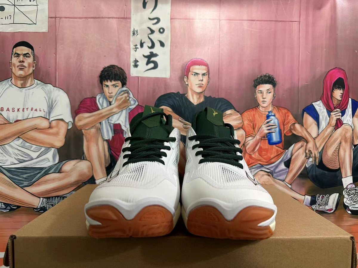 Mizuno Wave Momentum 3 Volleyball Shoes, in White and Green - product image from the listing.