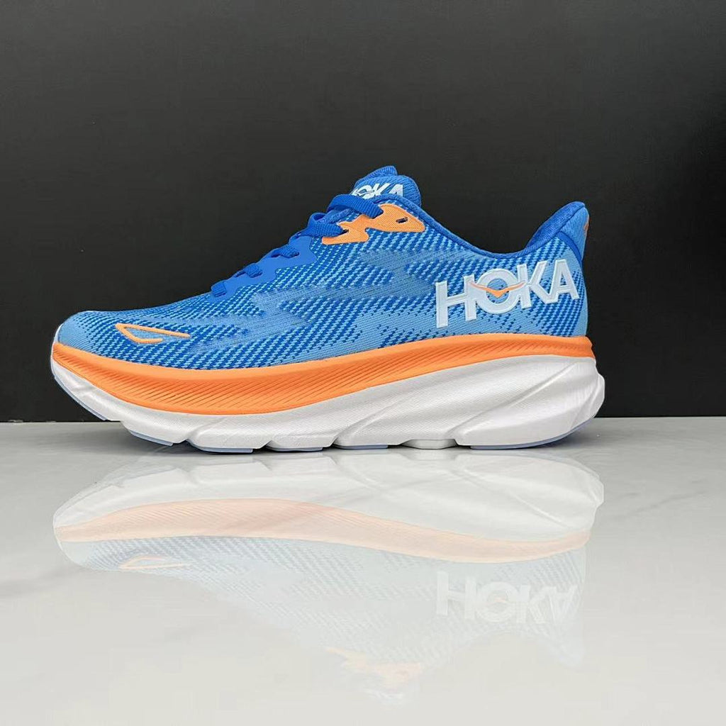 Blue and Orange HOKA Clifton 9 Running Shoes - product image from the listing.