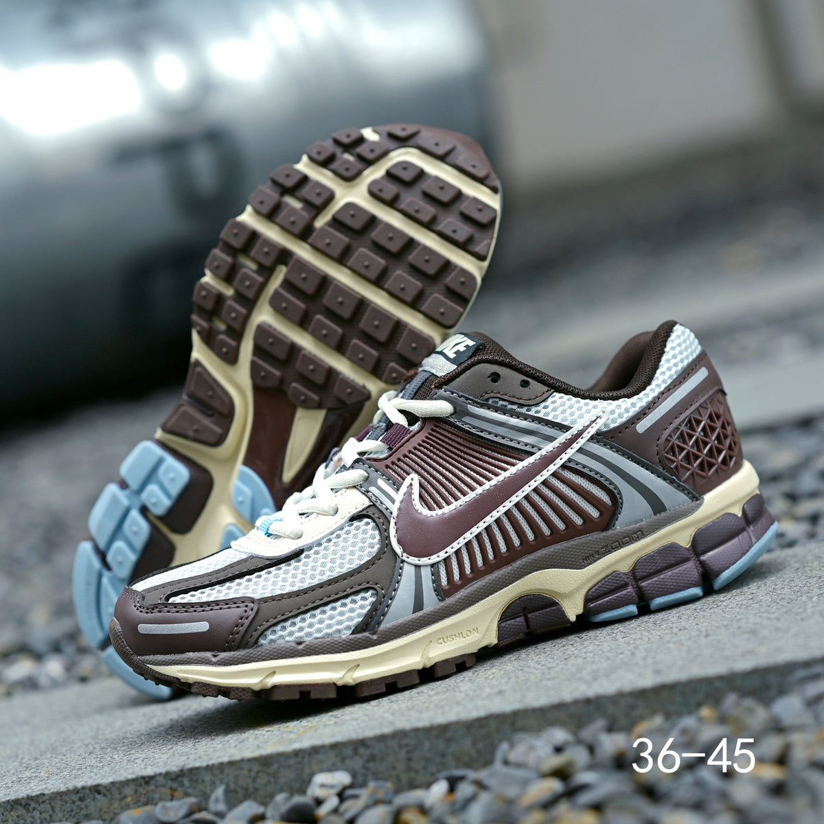 Brown and Blue Nike Air Zoom Vomero 5 Sneakers - product image from the listing.