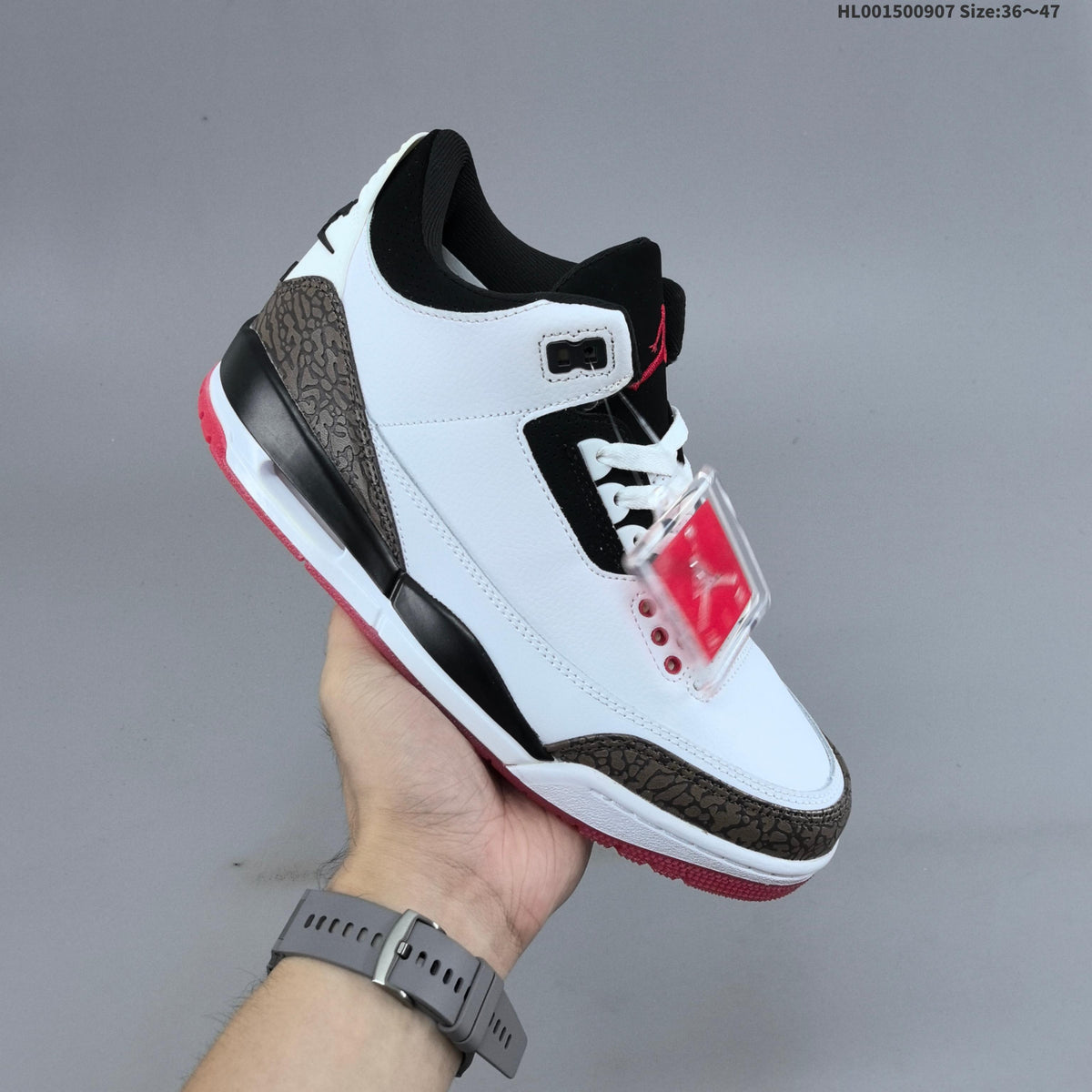 Air Jordan 3 OG World's Best Dad Sneakers in White Black Red - product image from the listing.