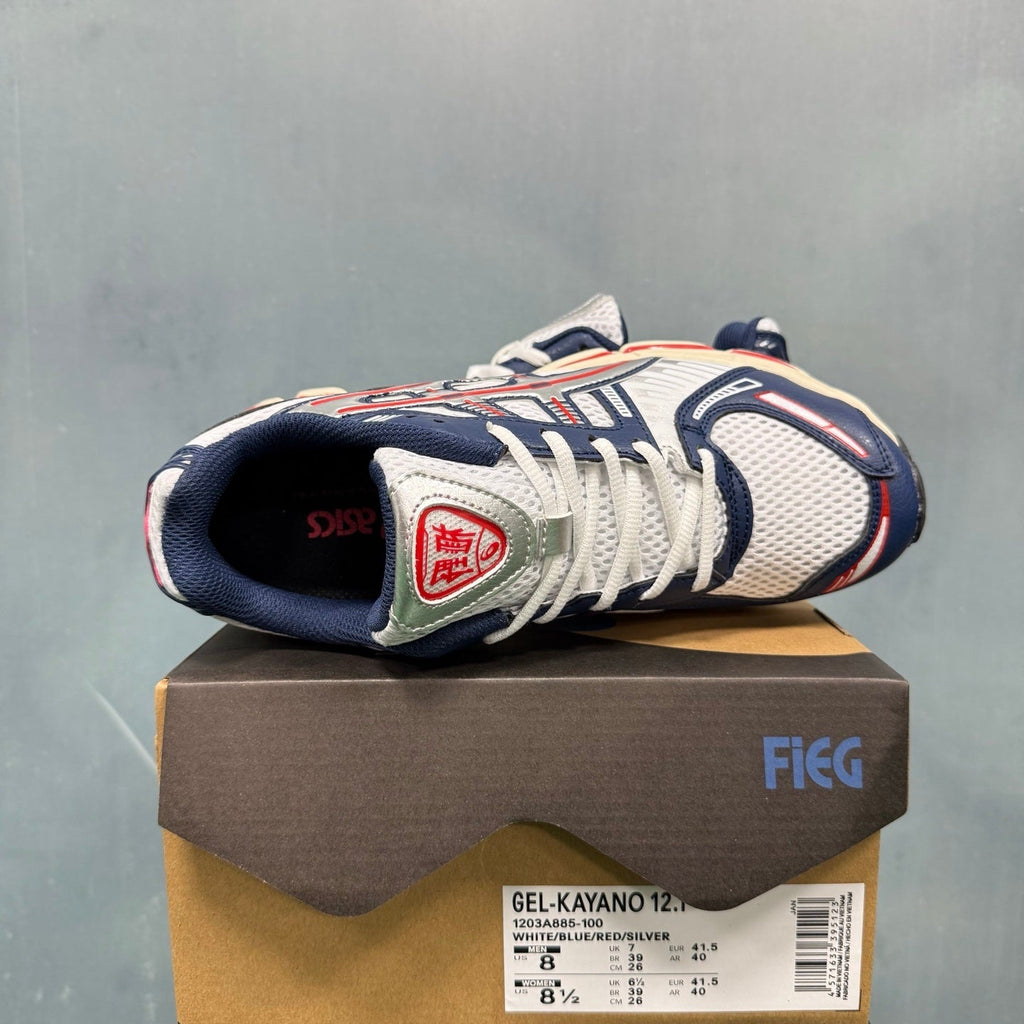 ASICS GEL-KAYANO 12.1 Sneakers in White Blue Red 1203A885-100 - product image from the listing.