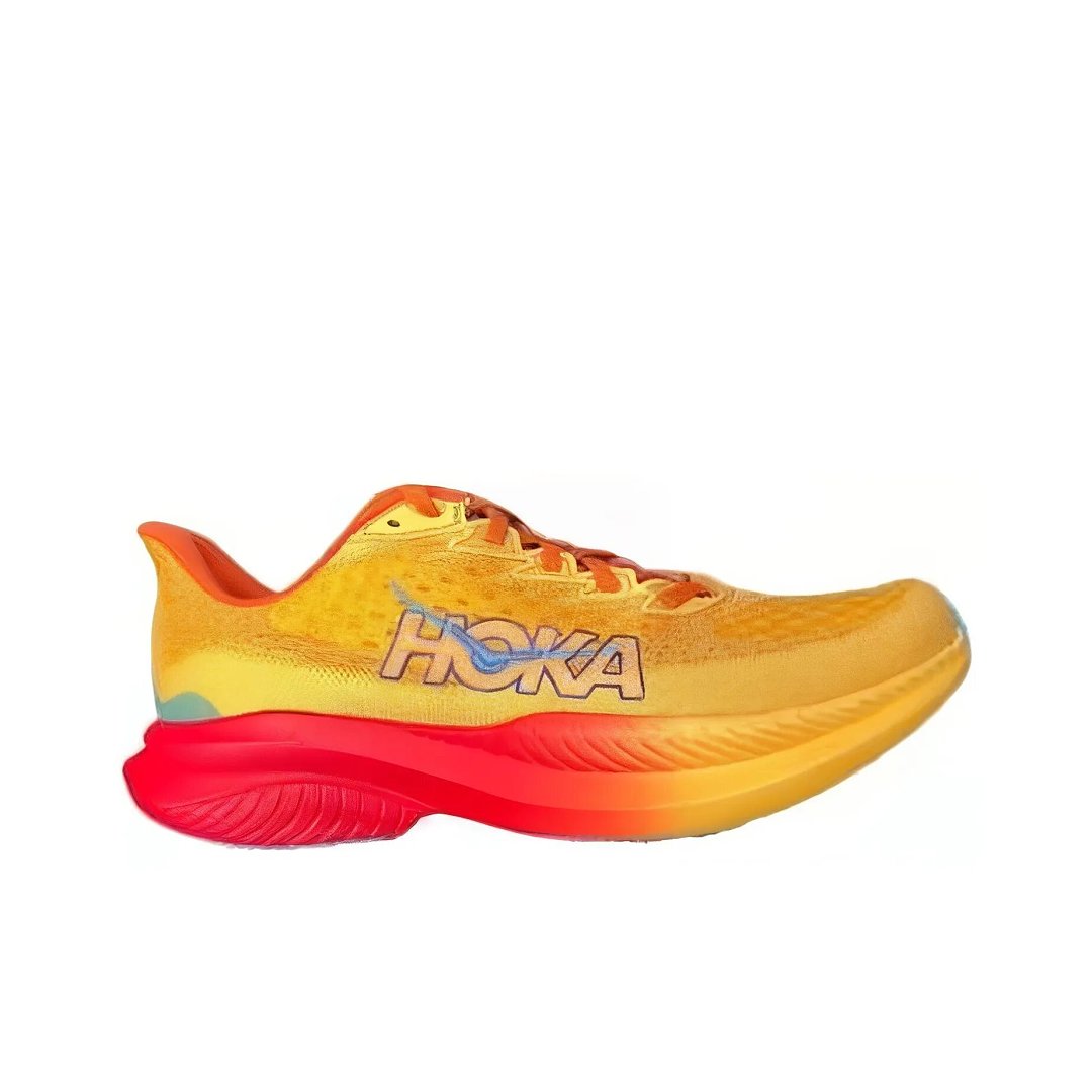 Yellow and Coral HOKA Mach 6 Running Shoes - product image from the listing.