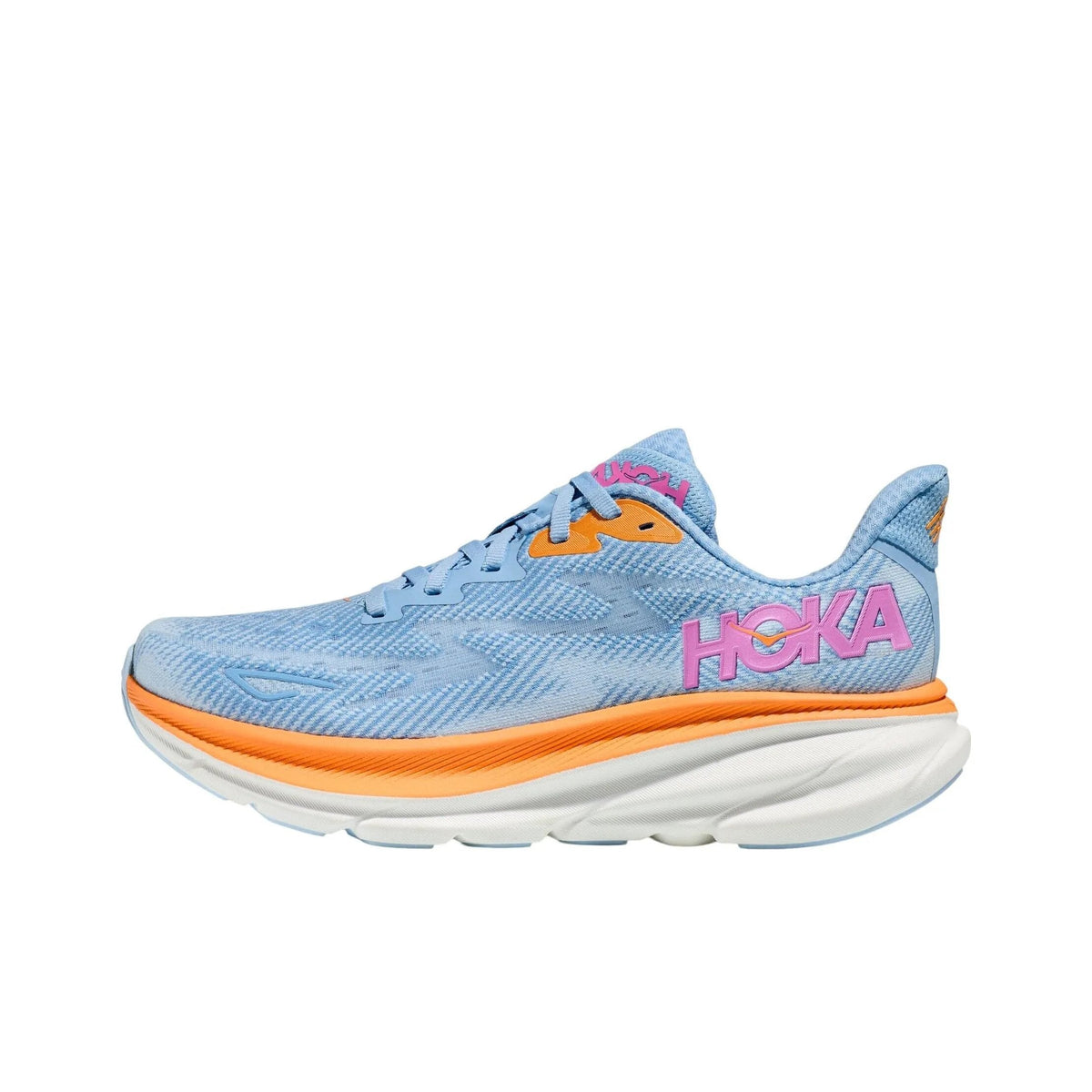 HOKA Clifton 9 Running Shoes in Blue and Orange - product image from the listing.