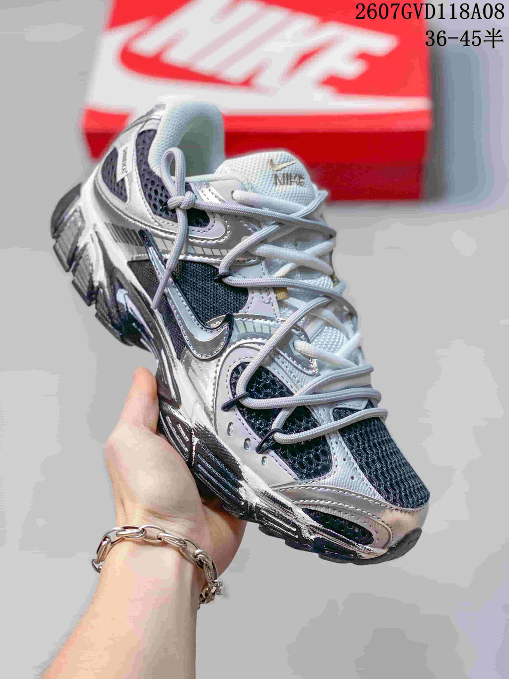 Nike V5 RNR Sneakers in White Silver Black - product image from the listing.