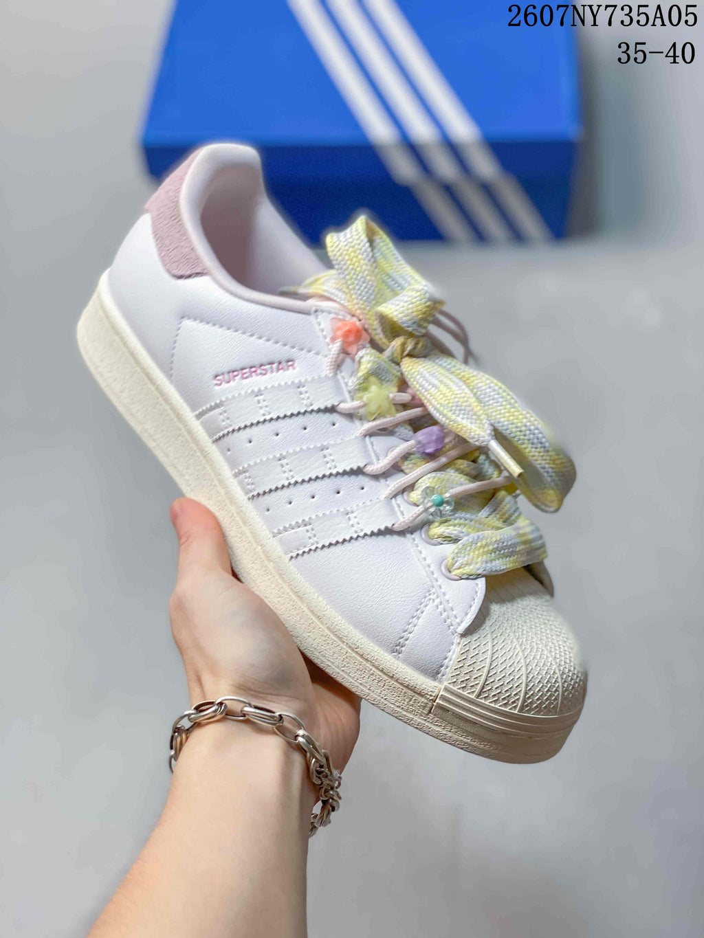 Adidas Superstar Custom White Trainers with Pastel Laces - product image from the listing.