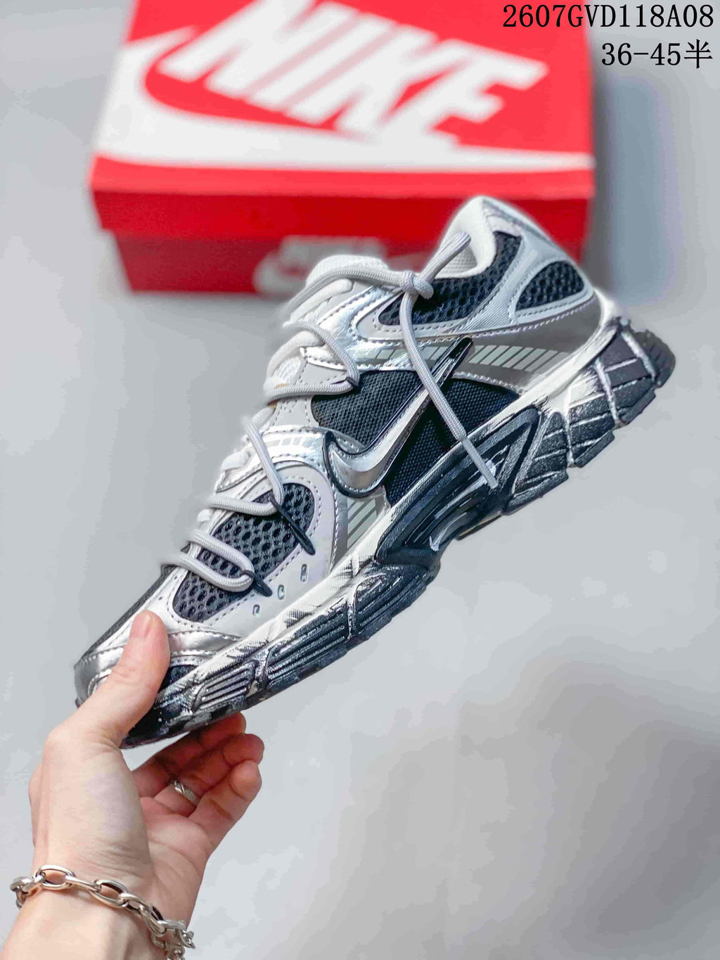 Nike V5 RNR Sneakers in White Silver Black - product image from the listing.