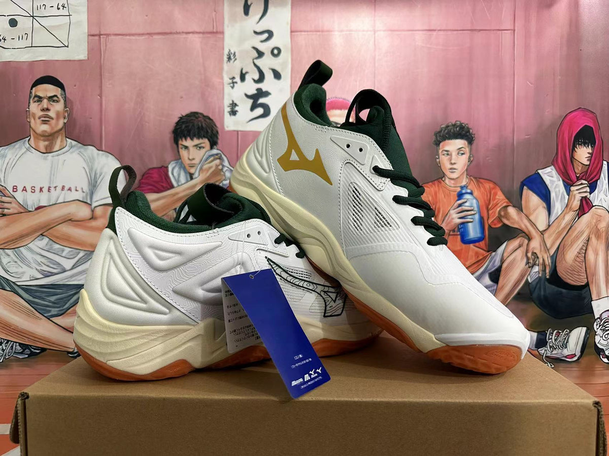 Mizuno Wave Momentum 3 Volleyball Shoes, in White and Green - product image from the listing.