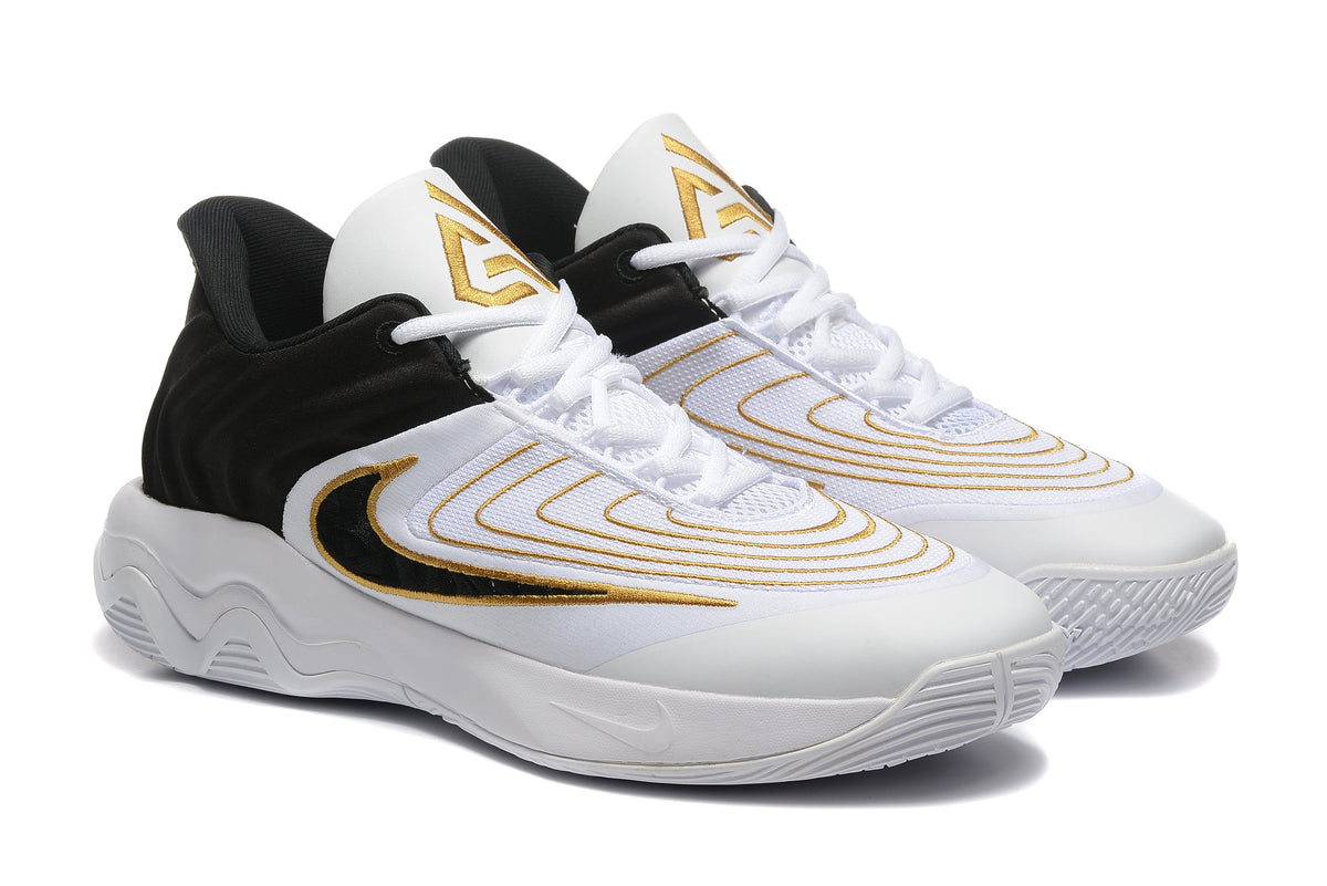 Nike Zoom Freak 5 Basketball Shoes in White Black Gold - product image from the listing.