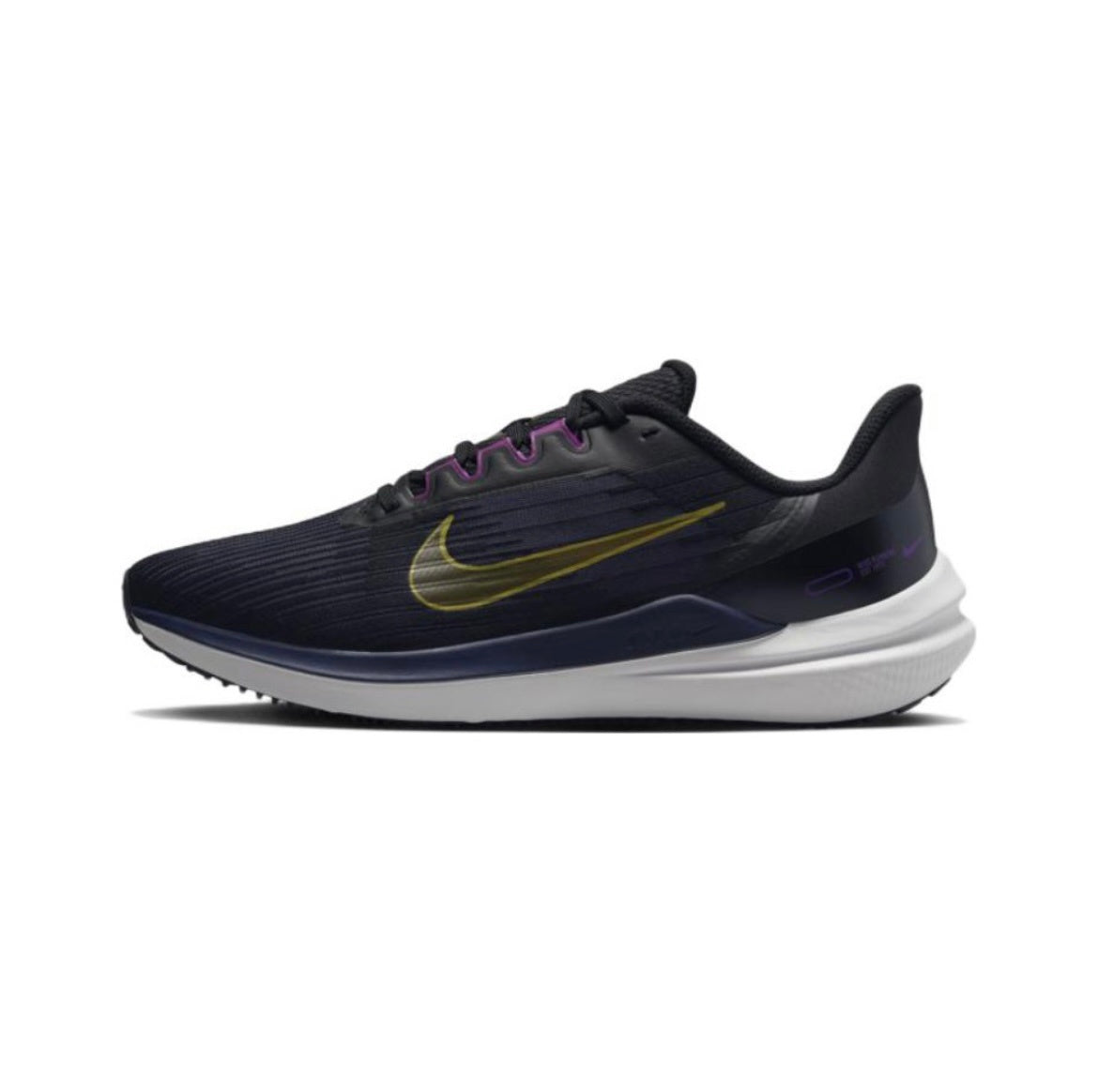 Nike Air Winflo 9 Running Shoes in Black Blue Gold DD6203-007 - product image from the listing.