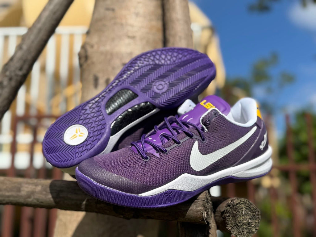 Nike Kobe 8 LSU Away Basketball Shoes, in Purple and Gold - product image from the listing.