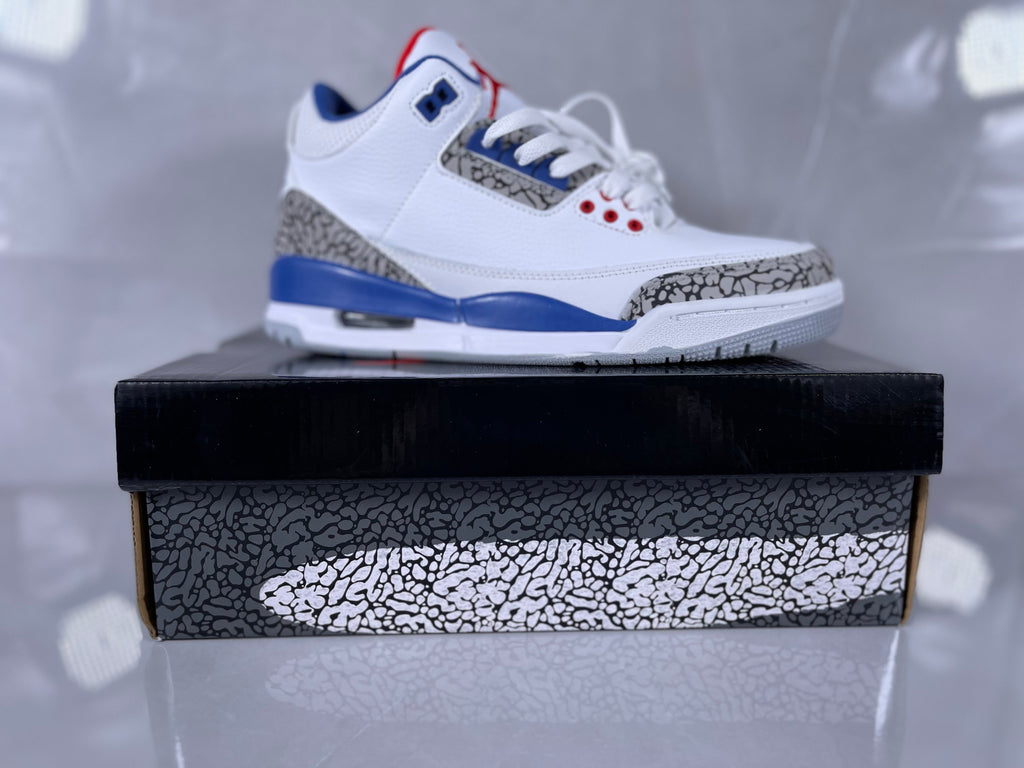 White and Blue Elephant Print Sneakers - Jordan 3 - product image from the listing.