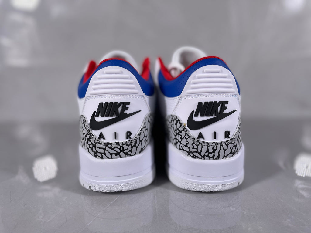Jordan 3 Retro White Cement Sneakers in White Grey Red Blue - product image from the listing.