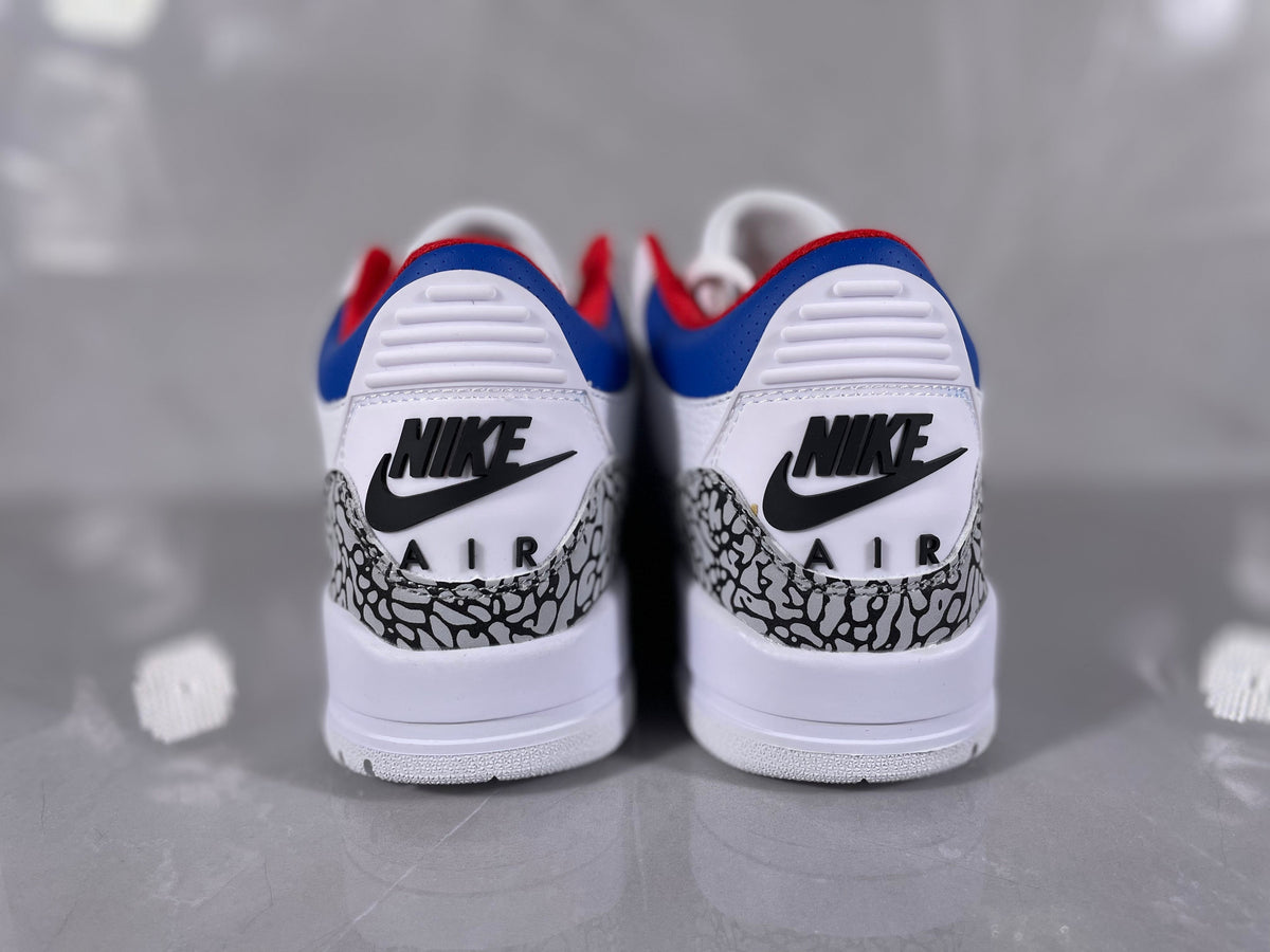 Jordan 3 Retro White Cement Sneakers in White Grey Red Blue - product image from the listing.