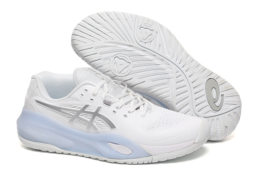 ASICS White and Silver Court Trainers with Pale Blue Midsole - product image from the listing.