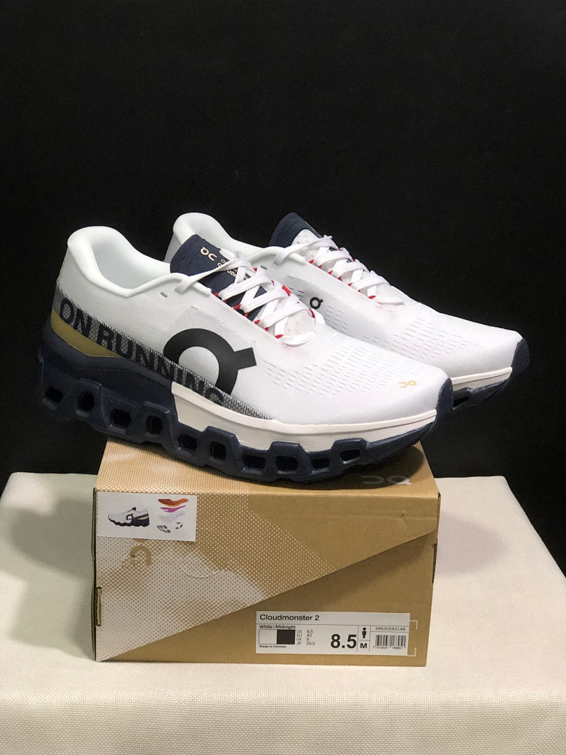 On Cloudmonster 2 Running Shoes, in White and Midnight - product image from the listing.