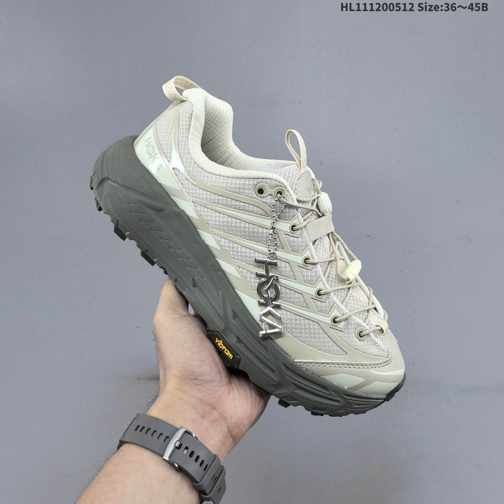 HOKA Mafate Three 2 Trail Running Shoes in Cream and Gray - product image from the listing.
