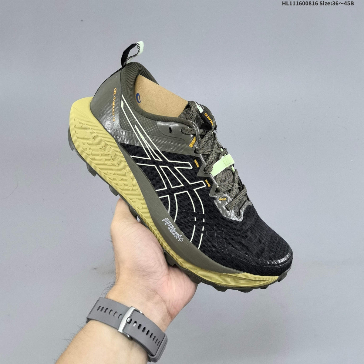 ASICS GEL-TRABUCO 13 Trail Running Shoes, in Black and Olive - product image from the listing.