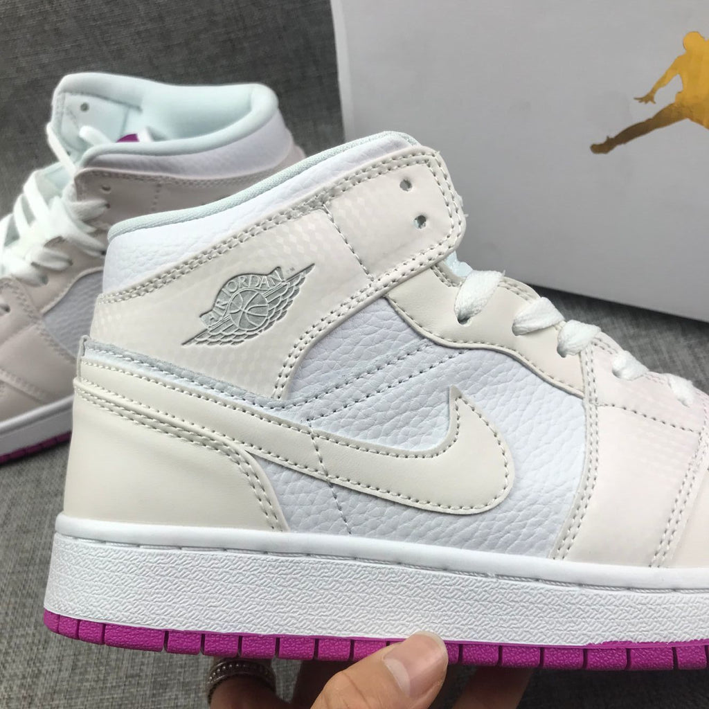 Jordan 1 Mid Grey White Fuchsia High-Cut Sneakers - product image from the listing.