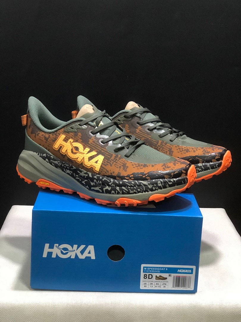 Olive and Orange HOKA Speedgoat 6 Trail Running Shoes - product image from the listing.