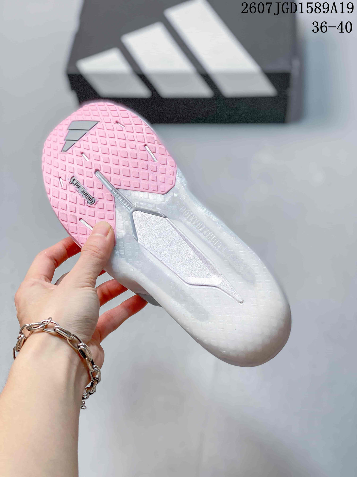 adidas Adizero Dropset Pro Trainer Sneakers in White Gray Pink - product image from the listing.