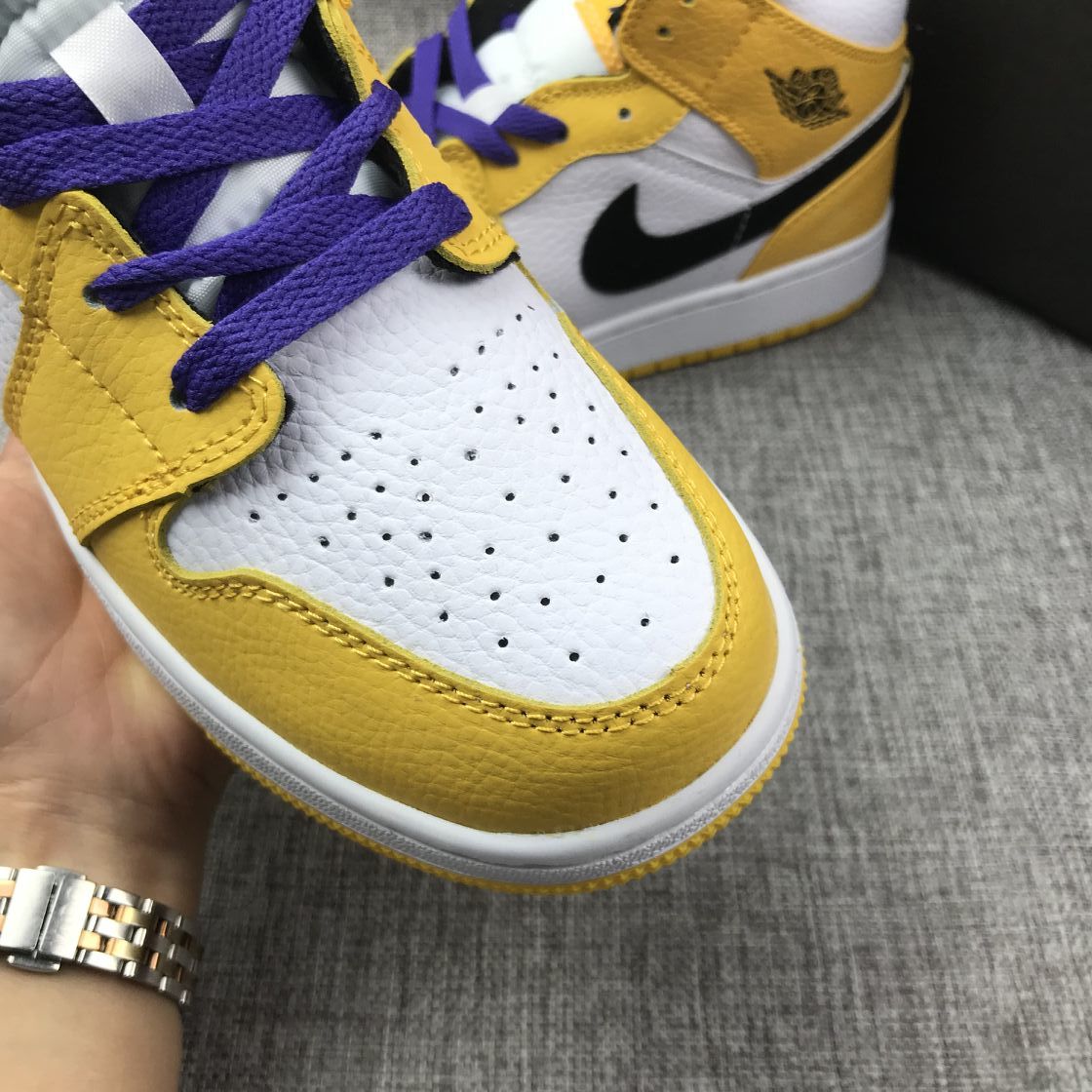 Air Jordan 1 Mid Lakers Sneakers in Yellow and Purple BQ6931-700 - product image from the listing.