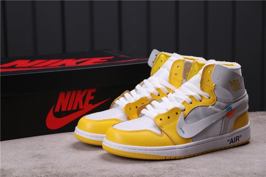 Air Jordan 1 High Off-White UNC White Yellow Sneakers - product image from the listing.
