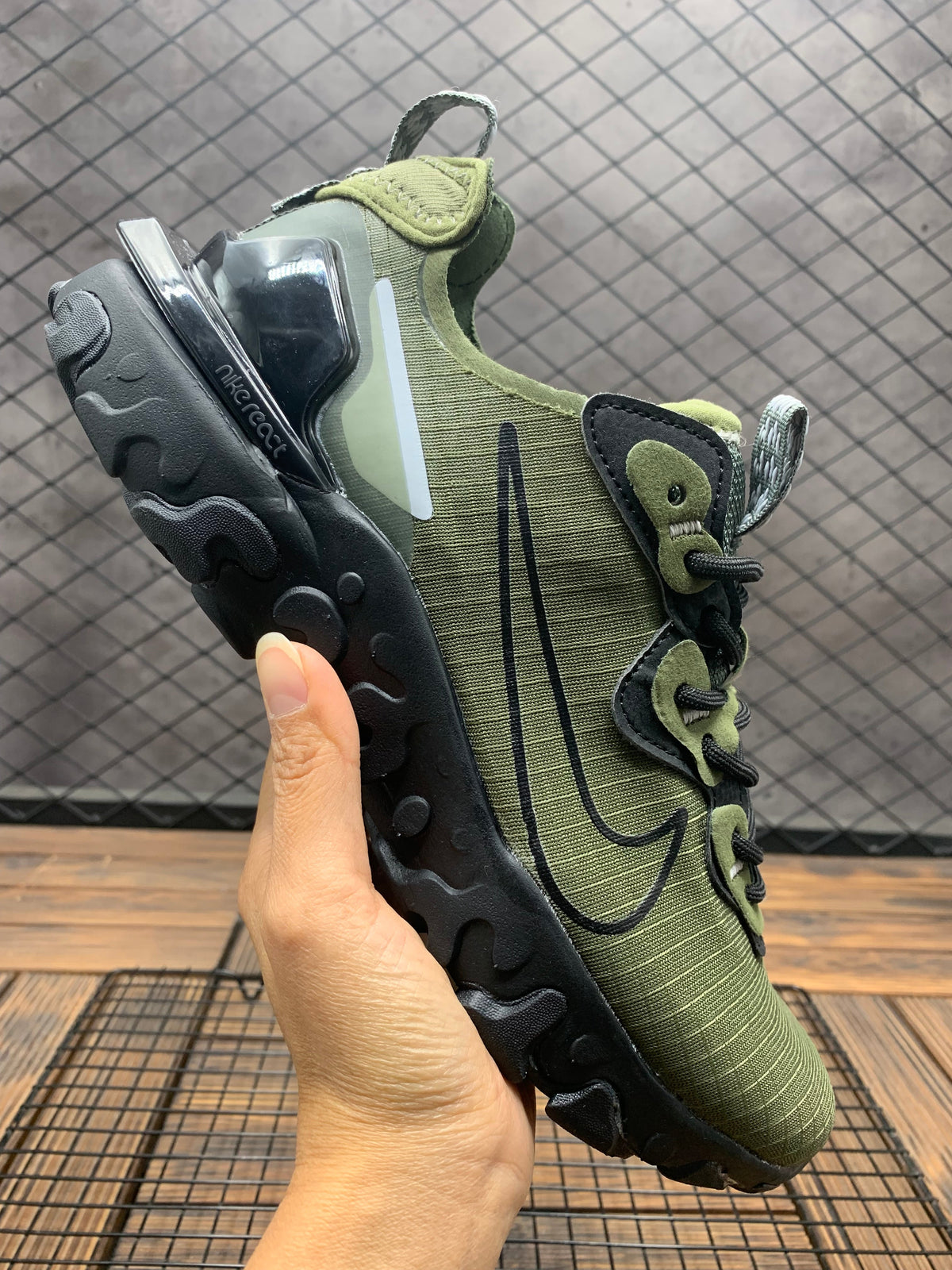 Olive Green and Black Nike React Vision Sneakers - product image from the listing.