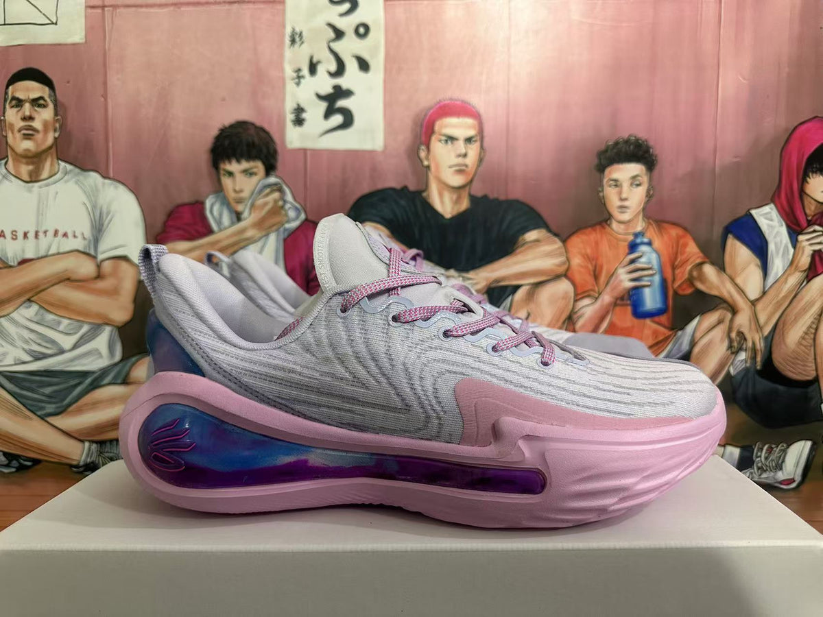 Gray and Pink Nike Kyrie Low Basketball Shoes - product image from the listing.