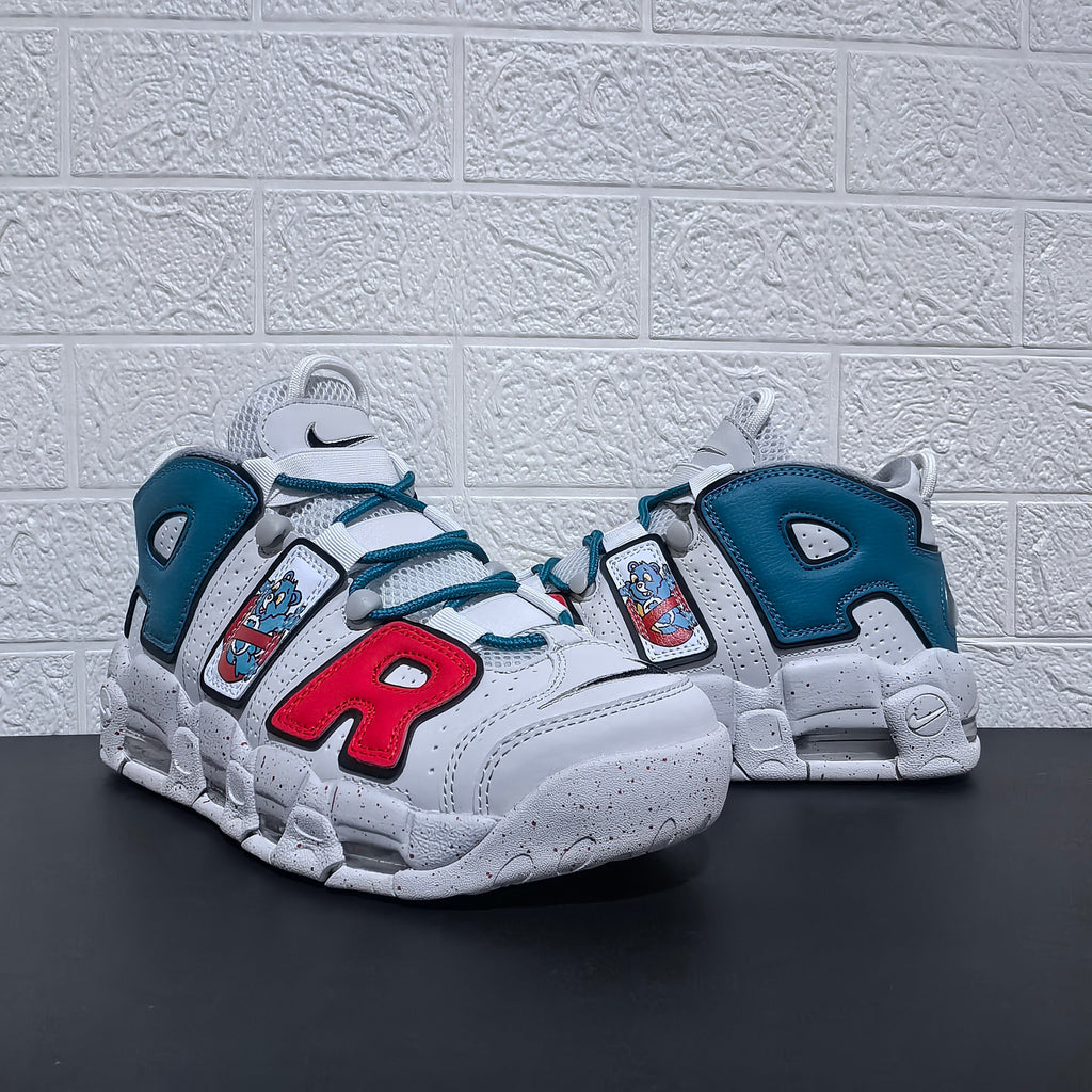 Nike Air More Uptempo Cartoon Bear Sneakers, in White Blue Red - product image from the listing.
