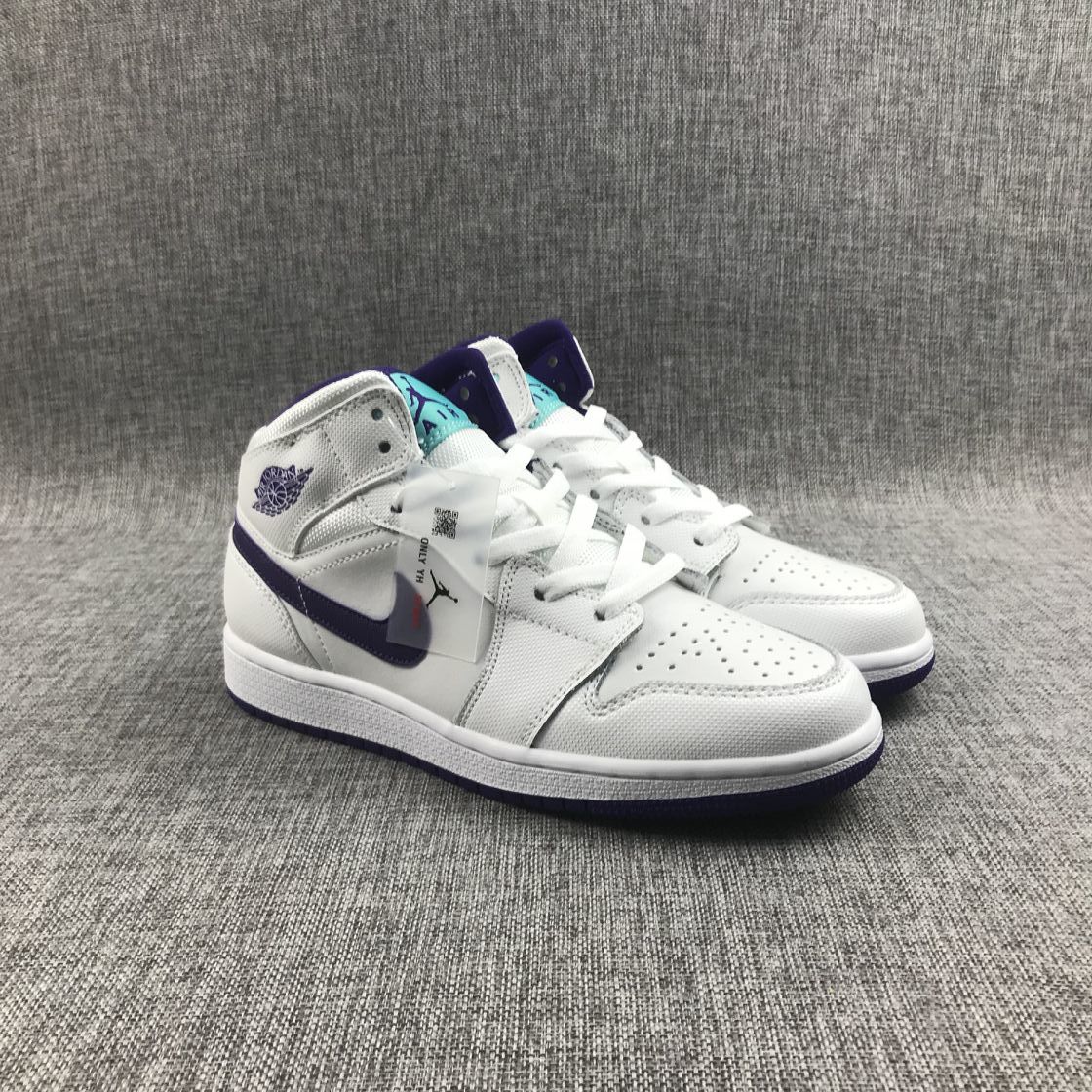 Air Jordan 1 Mid Sneakers in White Purple 332148-137 - product image from the listing.