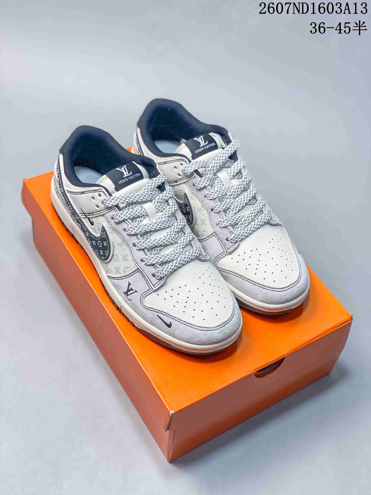 Nike SB Dunk Low LV Print Sneakers in Beige Gray Gold - product image from the listing.