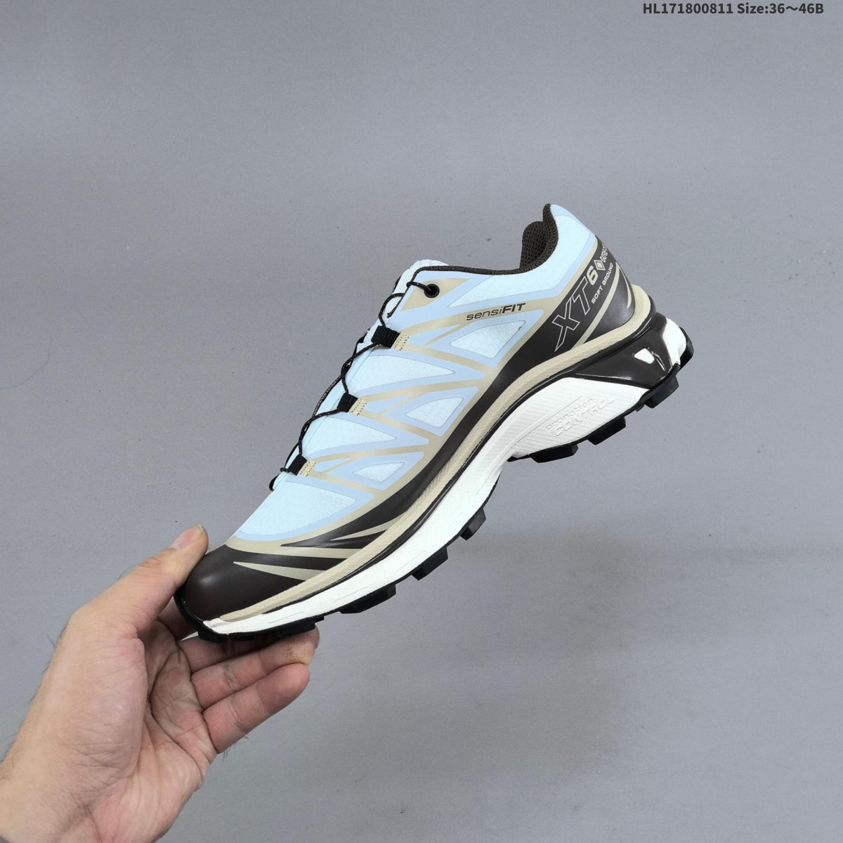 Salomon XT-6 GTX Trail Running Shoes, in Ice Blue and Black - product image from the listing.