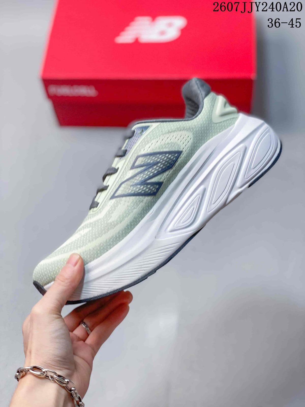 New Balance Fresh Foam X More v6 Running Shoes in Green Gray - product image from the listing.