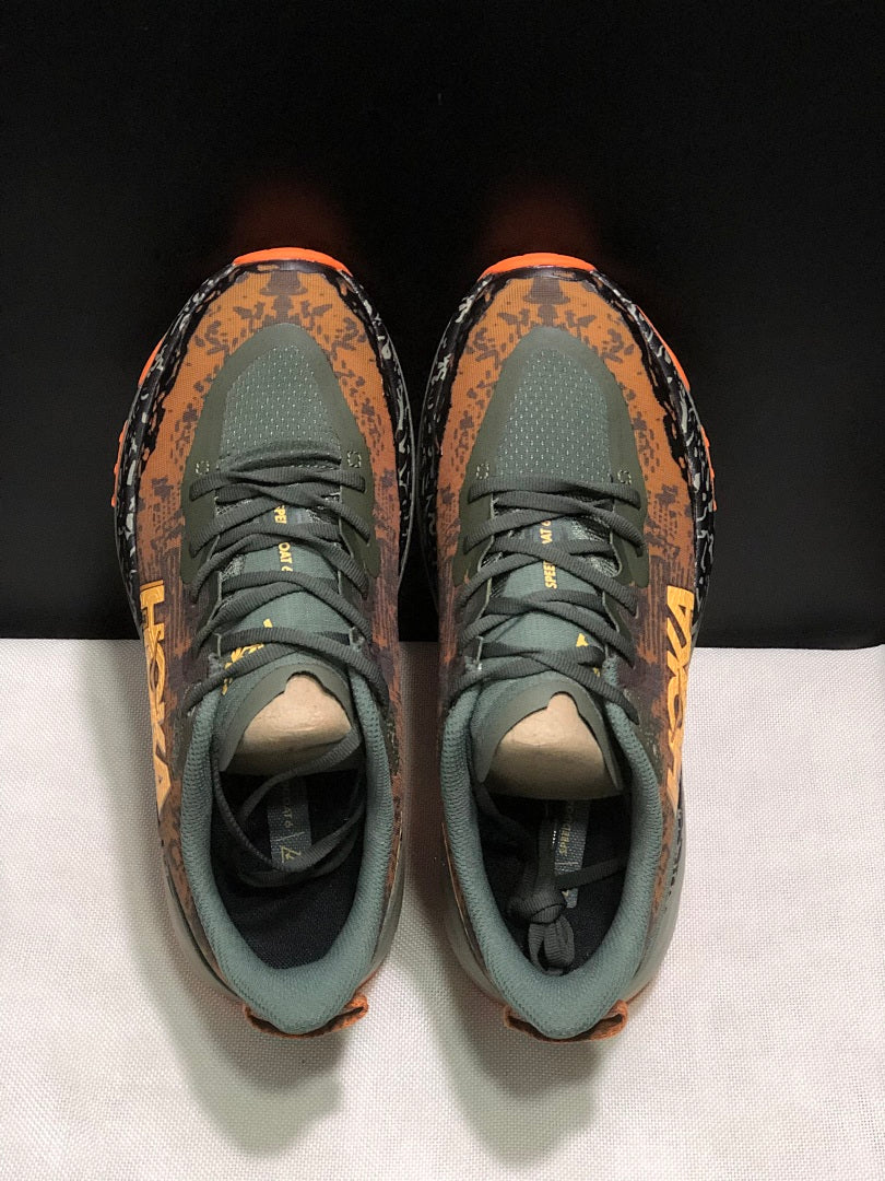 Olive and Orange HOKA Speedgoat 6 Trail Running Shoes - product image from the listing.