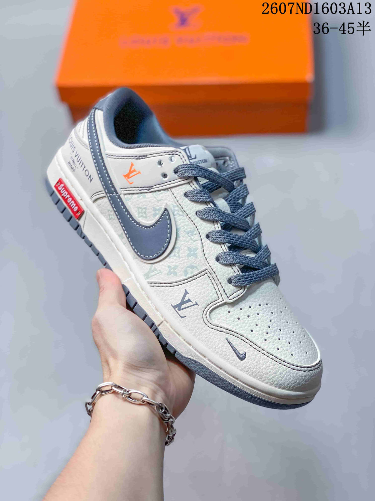 Nike SB Dunk Low LV Print Sneakers in White Grey 2607ND1603A13 - product image from the listing.