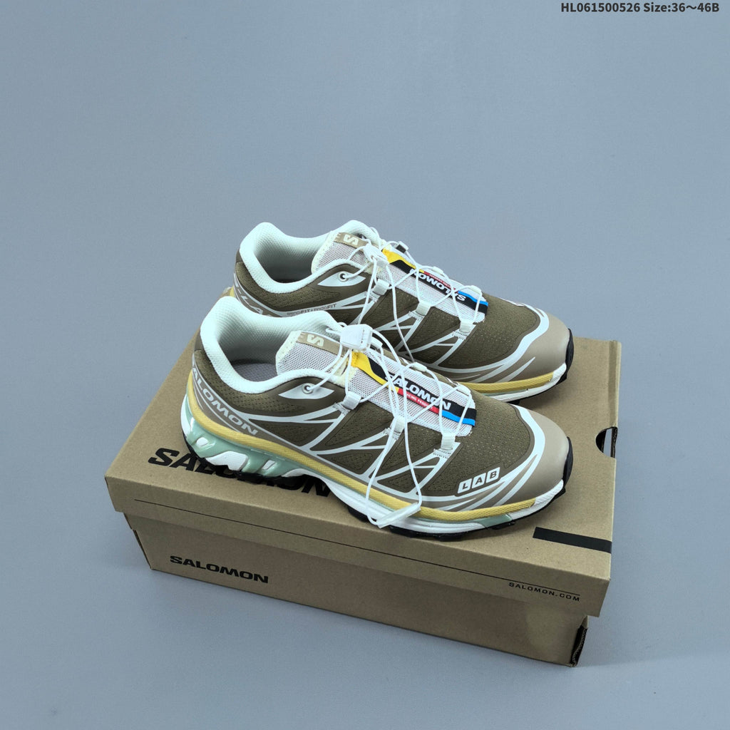 Olive and Beige Salomon XT-6 Trail Running Shoes - product image from the listing.