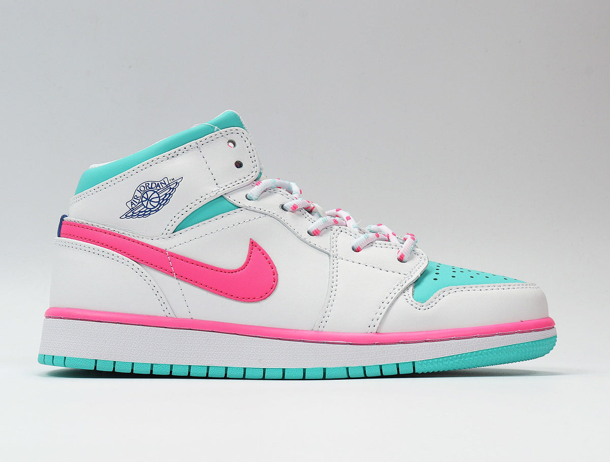 Jordan 1 Mid Sneakers in White Pink Turquoise 555112-102 - product image from the listing.