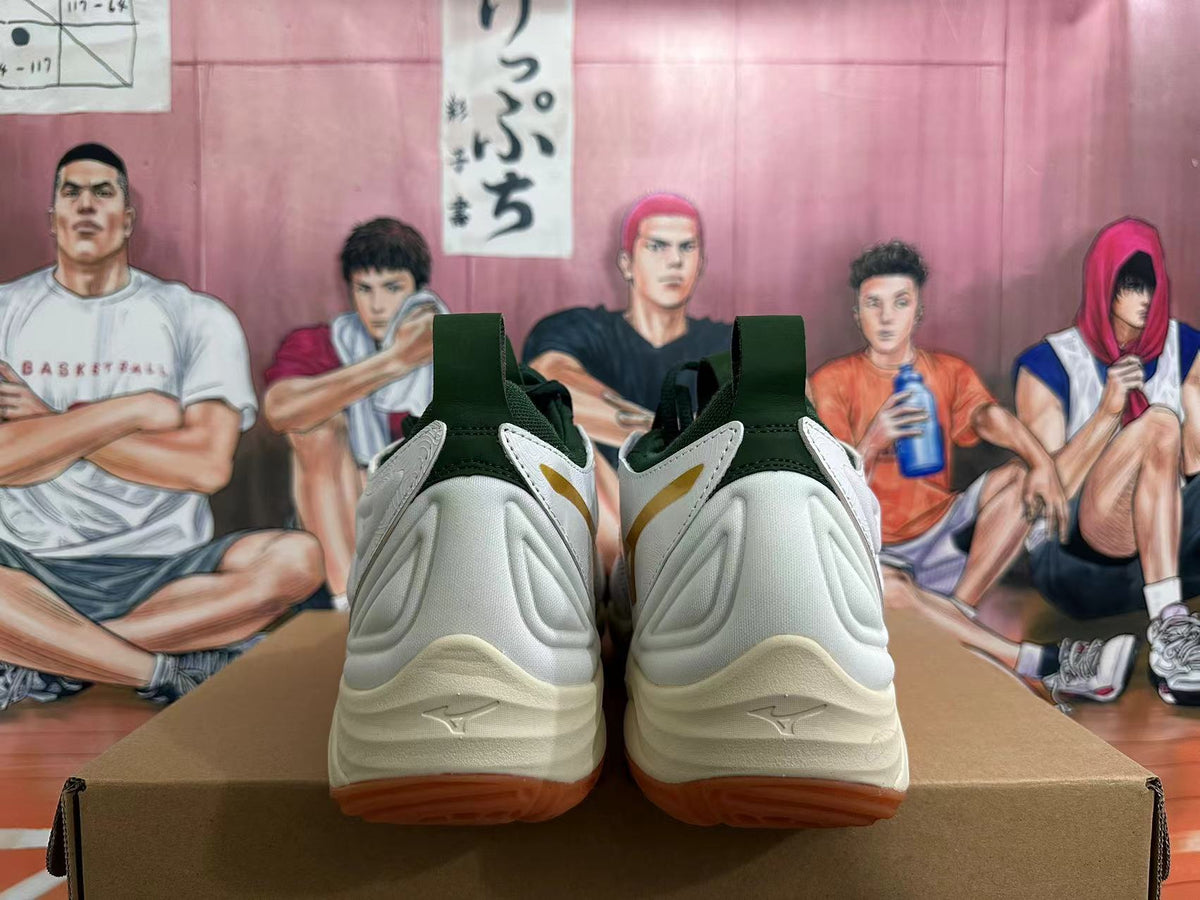 Mizuno Wave Momentum 3 Volleyball Shoes, in White and Green - product image from the listing.