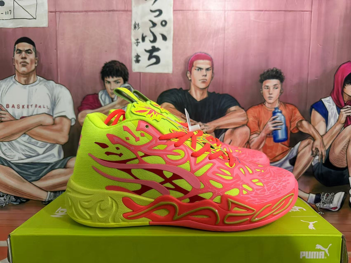 Lime Green and Coral PUMA Basketball Sneakers - product image from the listing.