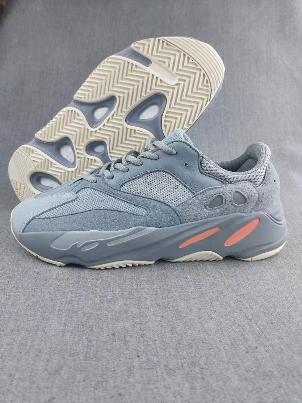 Blue Grey and Coral Nike Yeezy 700 V2 Shoes - product image from the listing.
