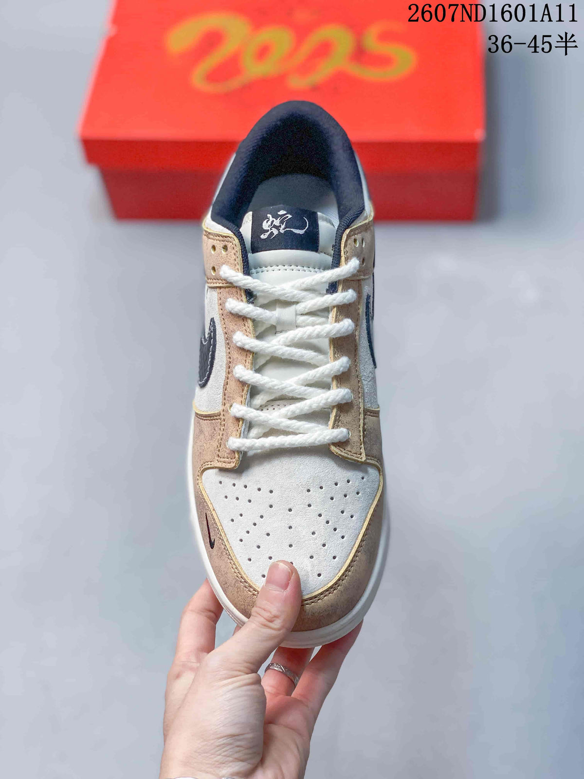 Nike SB Dunk Low Sneakers in Off-White Tan White Navy - product image from the listing.