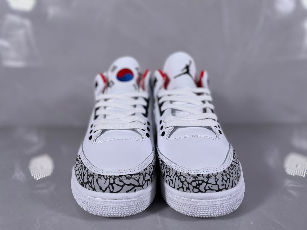 Jordan 3 Retro White Cement Sneakers in White Grey Red Blue - product image from the listing.